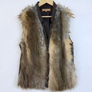 Ellen Tracy Faux Fur Vest Womens Medium Brown Gold Tone Toggle Boho Statement